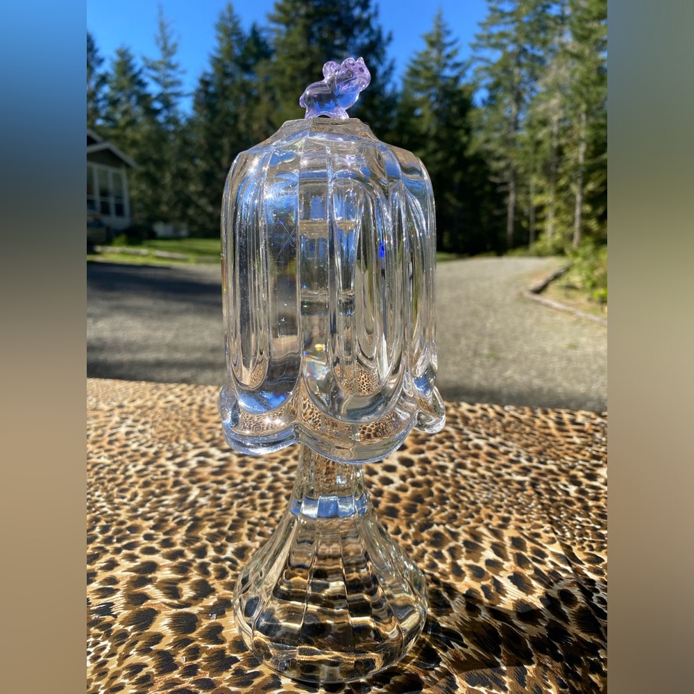 Vintage Clear Glass Mushroom Art with Lavender Hippo Topper (handmade)